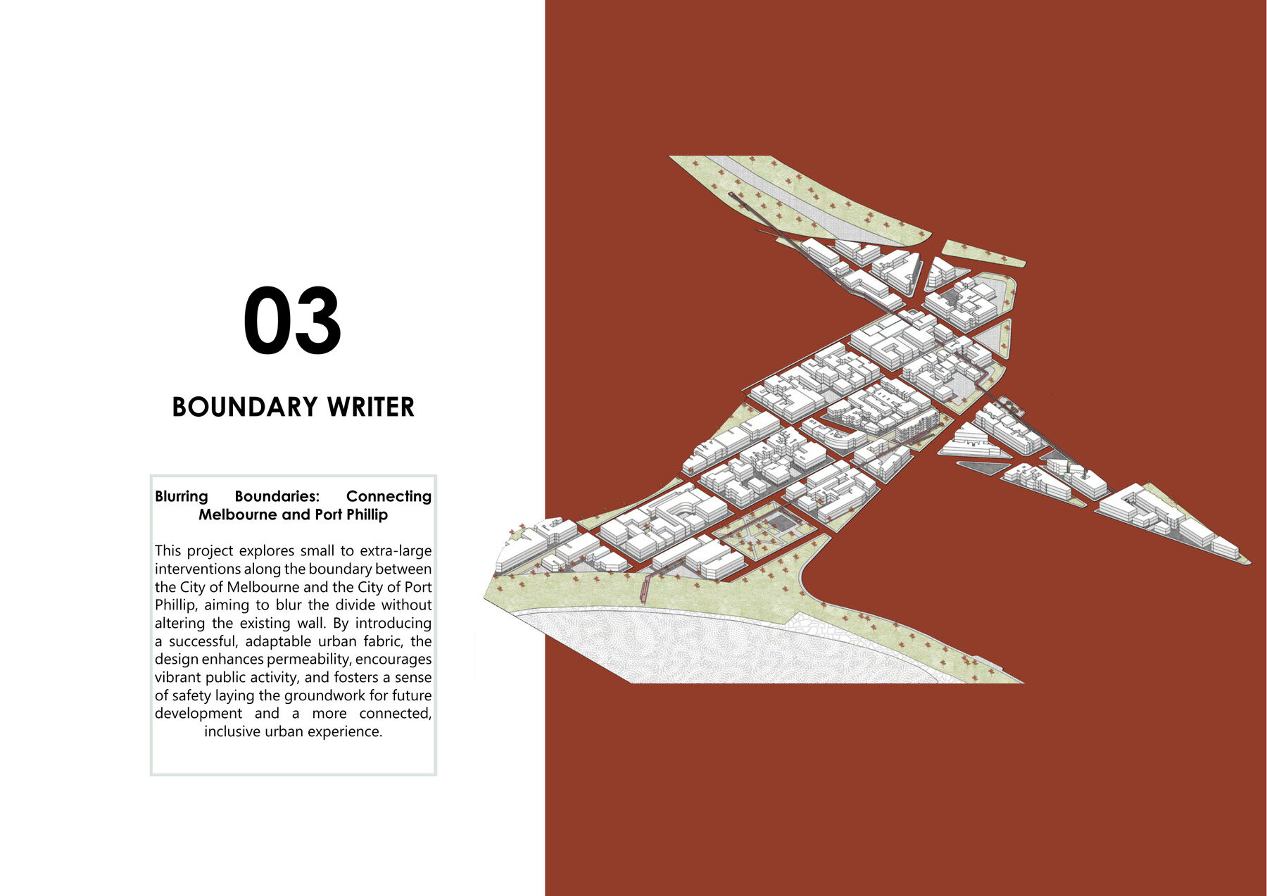 Boundary Writer — axonometric masterplan along the Melbourne / Port Phillip boundary