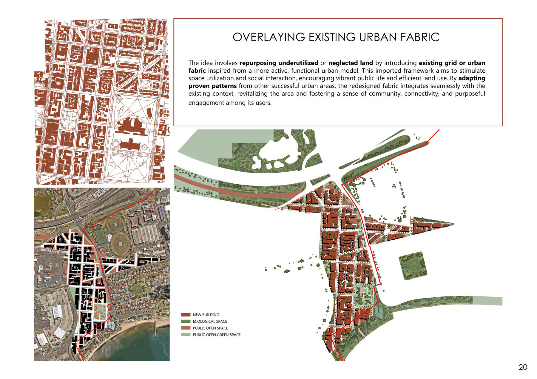 Diagram overlaying a new urban grid onto the existing Port Phillip site