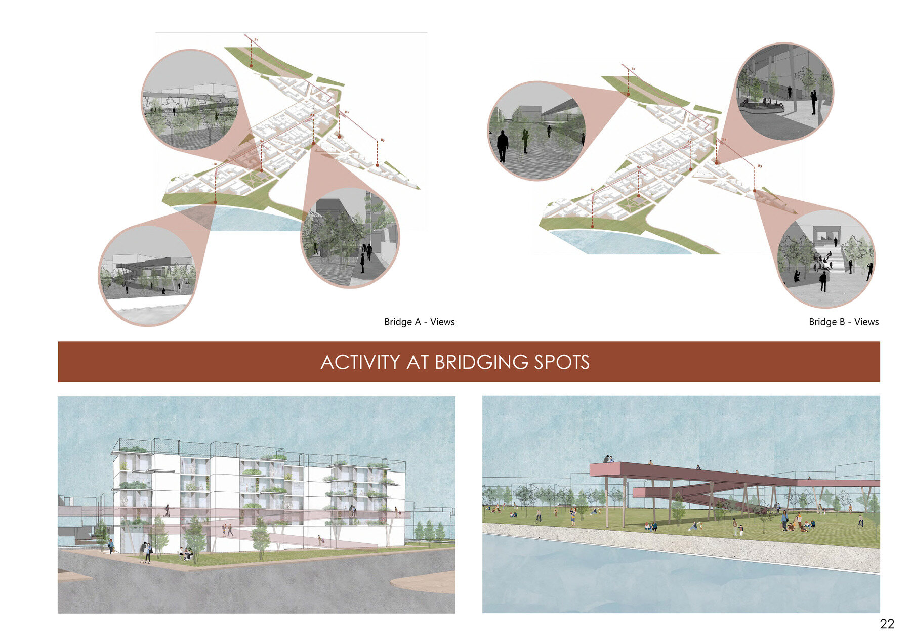 Rendered view of a pedestrian bridge connecting new public space at the boundary