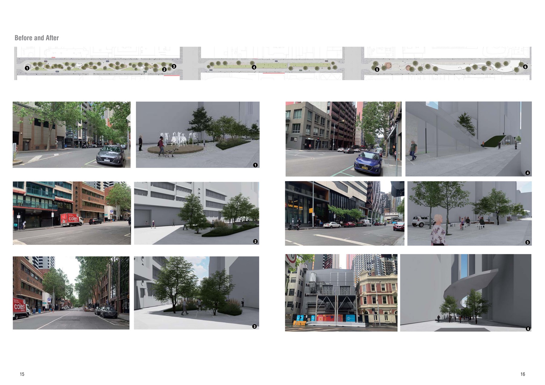 Before and after photographs comparing existing A'Beckett Street conditions with the proposed redesign