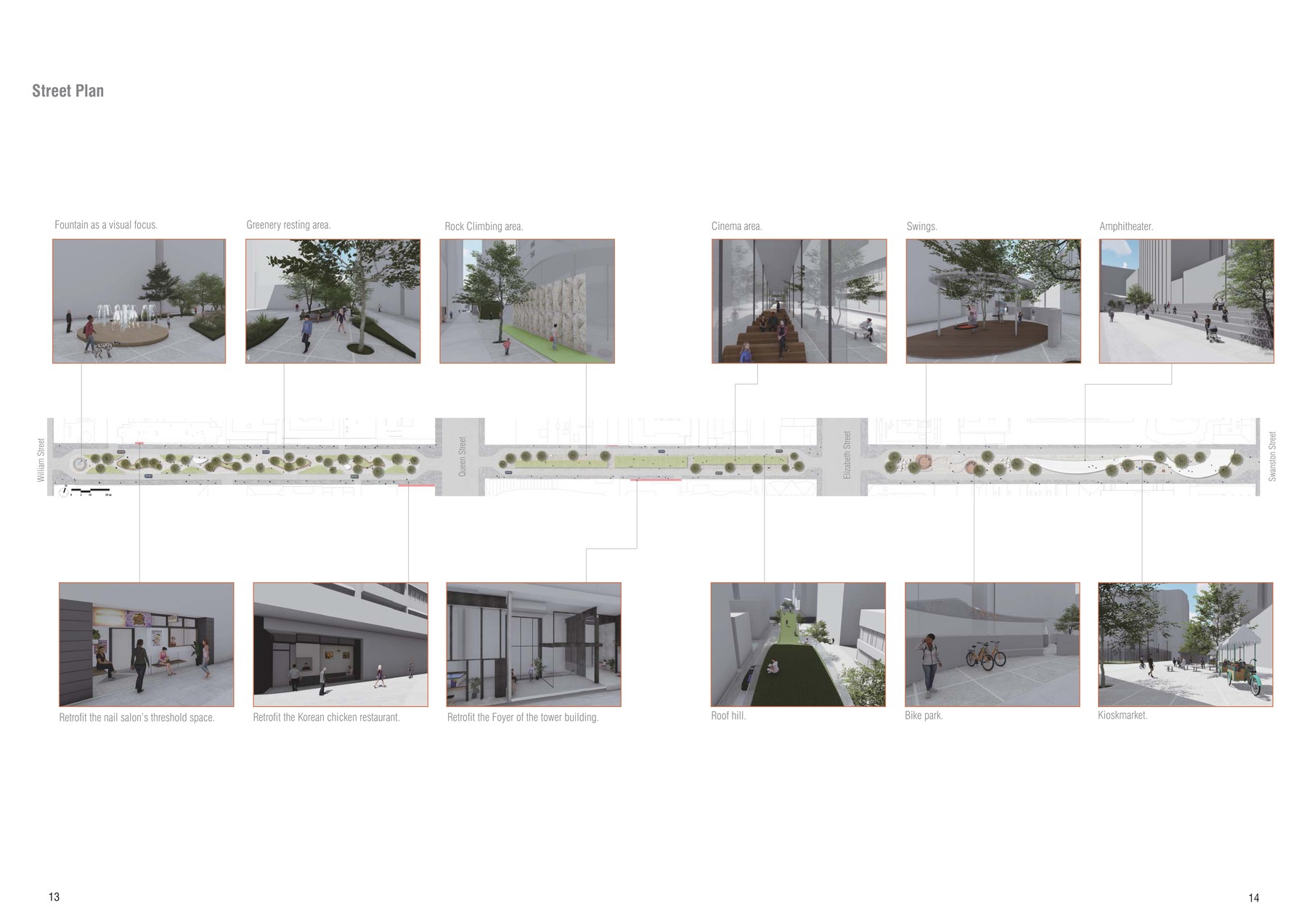 A Fair Way for Wayfarers — street plan showing sequential plaza interventions along A'Beckett Street from William to Swanston Street