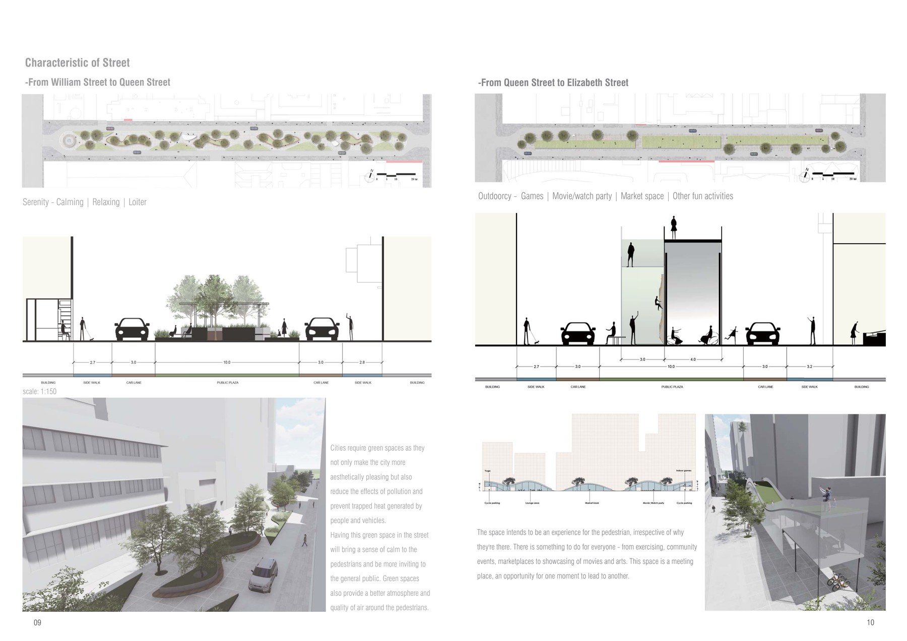 Street cross-sections and renders showing plaza interventions along A'Beckett Street